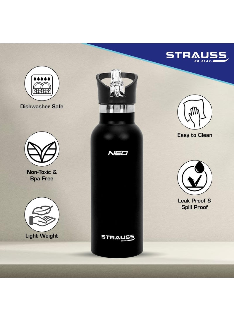 STRAUSS STRAUSS Stainless Steel Water Bottle | Leak Proof, BPA Free, Vacuum Insulated Flask Water Bottle | Ideal for School, Office, Home, Gym | Eco-Friendly, Durable, Sweat-Proof Design | 500ml,(Black)  - Image 3