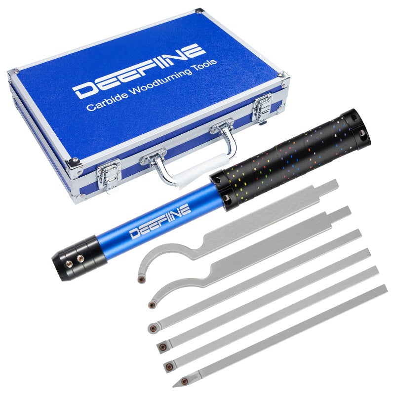 DEEFIINE Carbide Tipped Wood Lathe Turning Tools Set Lathe Rougher Finisher Swan Neck Hollowing Tools and Interchangeable 195Soft Grip Handle with Diamond Round Square Carbide Inserts