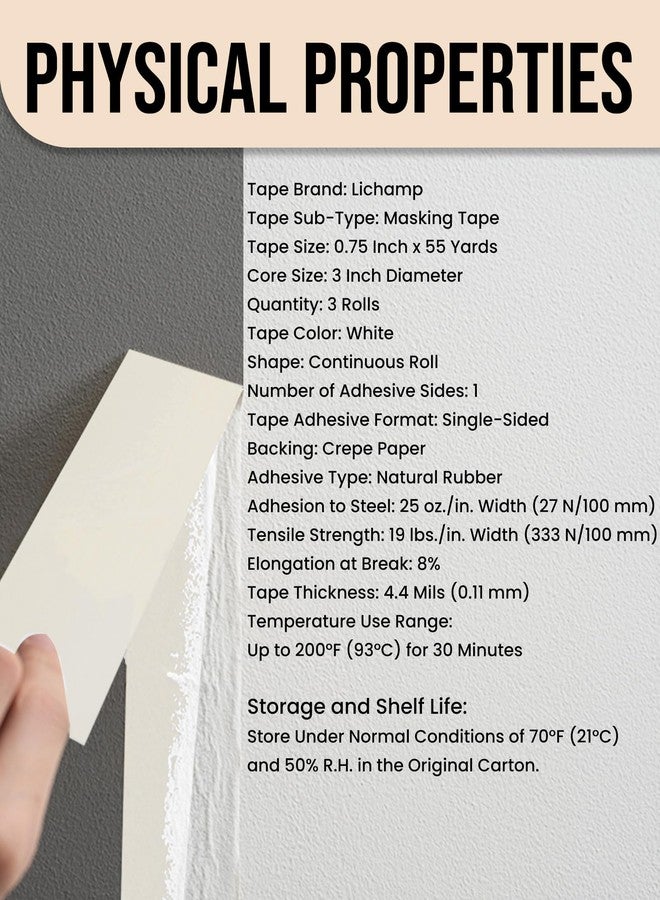 Lichamp شريط لاصق Lichamp مقاس 3/4 بوصة، عبوة من 3 أشرطة لاصقة متعددة الأغراض باللون البيج والأبيض للرسم والفنون والحرف اليدوية، مقاس 3/4 بوصة × 55 ياردة × 3 لفات (إجمالي 165 ياردة) - Image 5