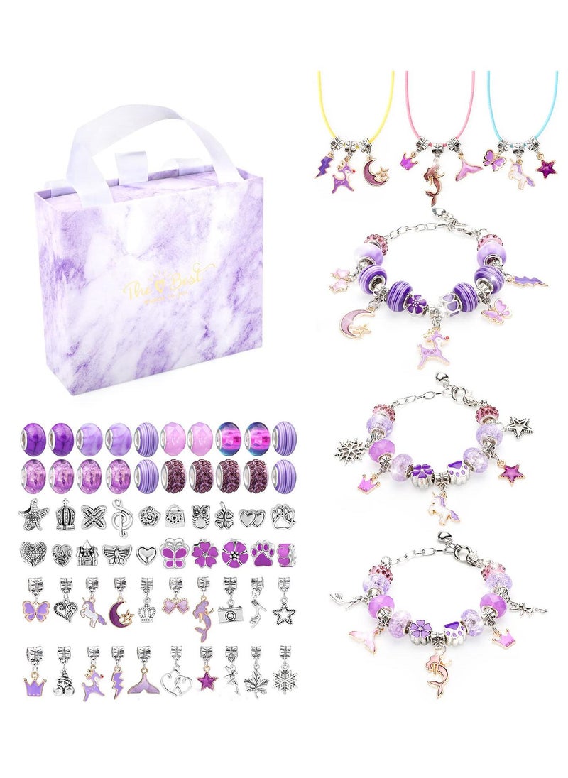 Sweet seven 66 Pcs Charm Bracelet Making Kit for Girls Art and Crafts for Kids 5 6 7 8 9 10 11 12-Year Old Girls Jewellery Making for Girls Gifts Purple With Gift Box  - Image 1