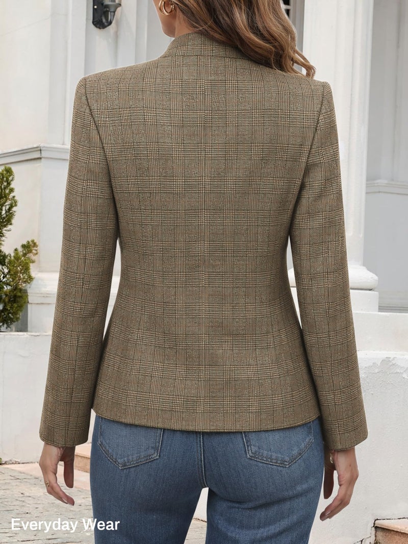Mina Self Plaid Blazer Jacket for Women 2026 Houndstooth Fall Womens Khaki Brown Chocolate Clothes Women's Blazers Lightweight Casual Fitted Trendy Business Jackets Work Professional Fashion Dressy - Image 5