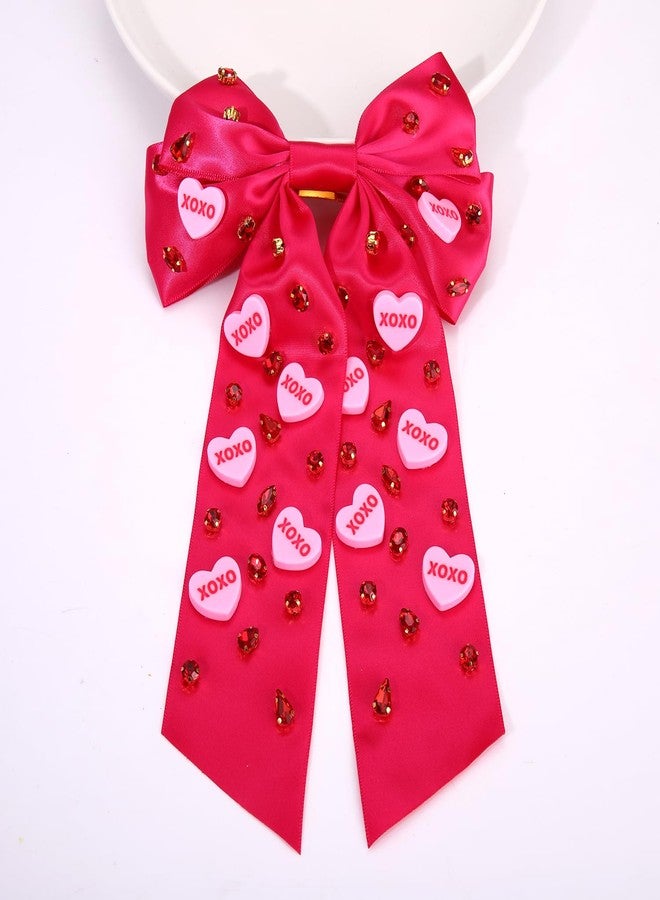 Boderier Valentines Day Hair Bows for Women Girls Conversation Candy Heart Hair Bow Clips Jeweled XOXO Hair Bows Valentines Day Gifts for Her Hot Pink XOXO Heart - Image 4
