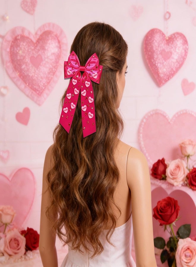Boderier Valentines Day Hair Bows for Women Girls Conversation Candy Heart Hair Bow Clips Jeweled XOXO Hair Bows Valentines Day Gifts for Her Hot Pink XOXO Heart - Image 2