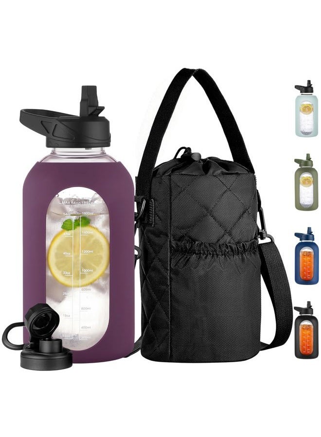 CIVAGO Half Gallon Glass Water Bottle with Straw and Insulated Bottle Holder Sling, 64 oz Motivational Water jug with Time Marker and Silicone Sleeve, Water Flask with 2 Lids, Mauve - Image 1