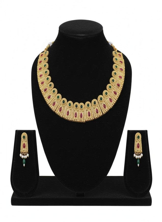 AAIKU Traditional Gold-Plated Necklace Set with Ruby and Green Stones, Jhumka Earrings, South Indian Style - Image 3