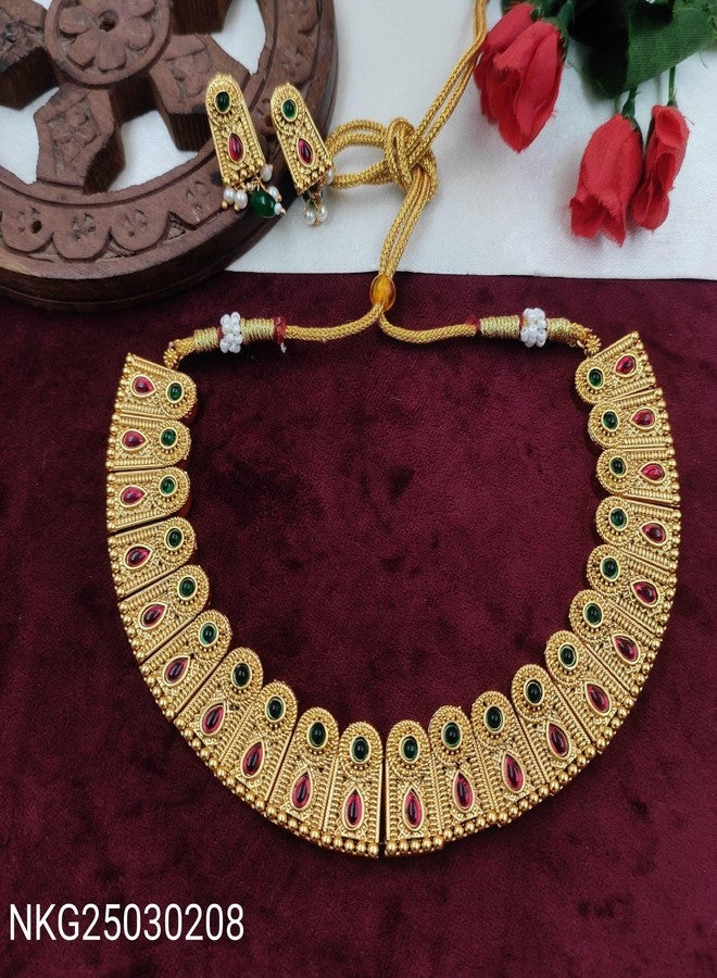 AAIKU Traditional Gold-Plated Necklace Set with Ruby and Green Stones, Jhumka Earrings, South Indian Style - Image 4