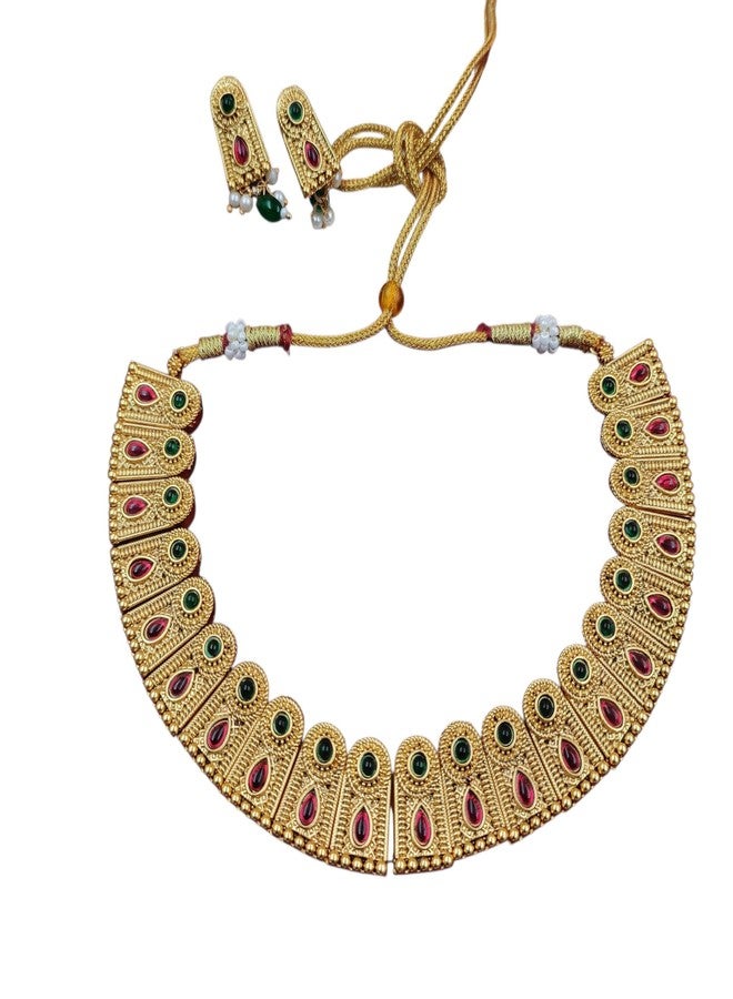 AAIKU Traditional Gold-Plated Necklace Set with Ruby and Green Stones, Jhumka Earrings, South Indian Style - Image 1