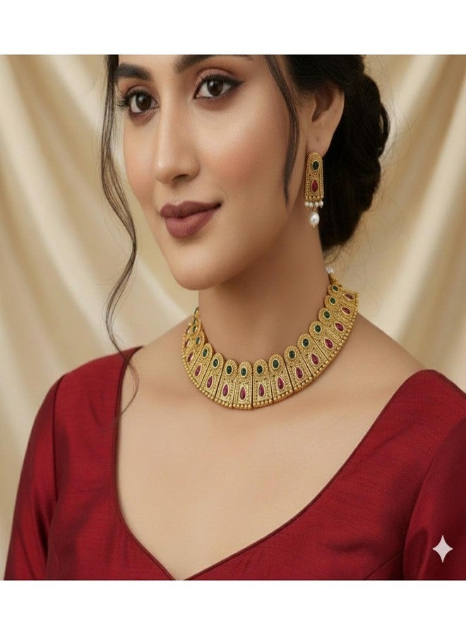 AAIKU Traditional Gold-Plated Necklace Set with Ruby and Green Stones, Jhumka Earrings, South Indian Style - Image 2