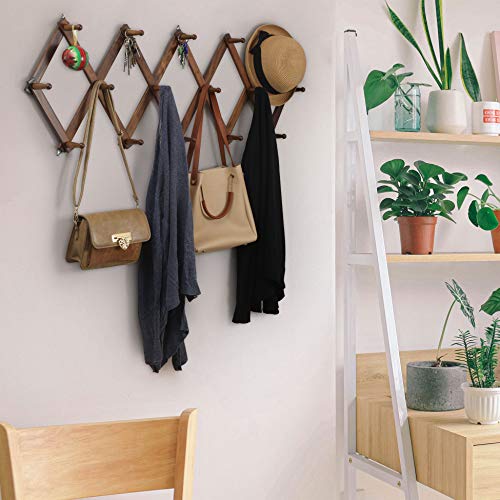 WEBI Accordion Wall Hanger, Wooden Coat Rack Wall Mounted, Hat & Cap Hook Rack, 16 Peg Hooks, Walnut Color - Image 3