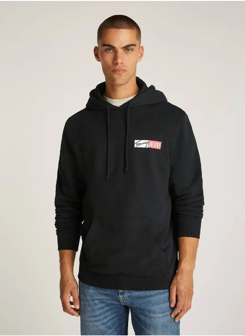 TOMMY JEANS Men's Signature Logo Drawstring Hoody - Cotton, Black