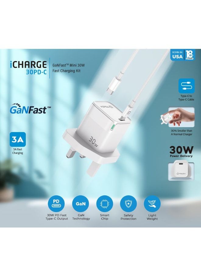 IQ TOUCH IQ Touch GaN Mini 30W USB-C Charger – 30W PD Fast Charging, GaN Tech, Smart Chip, 3A Output, Compact & Lightweight – Type-C to Type-C Cable Included – White  - Image 2
