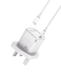 IQ Touch GaN Mini 30W USB-C Charger – 30W PD Fast Charging, GaN Tech, Smart Chip, 3A Output, Compact & Lightweight – Type-C to Type-C Cable Included – White