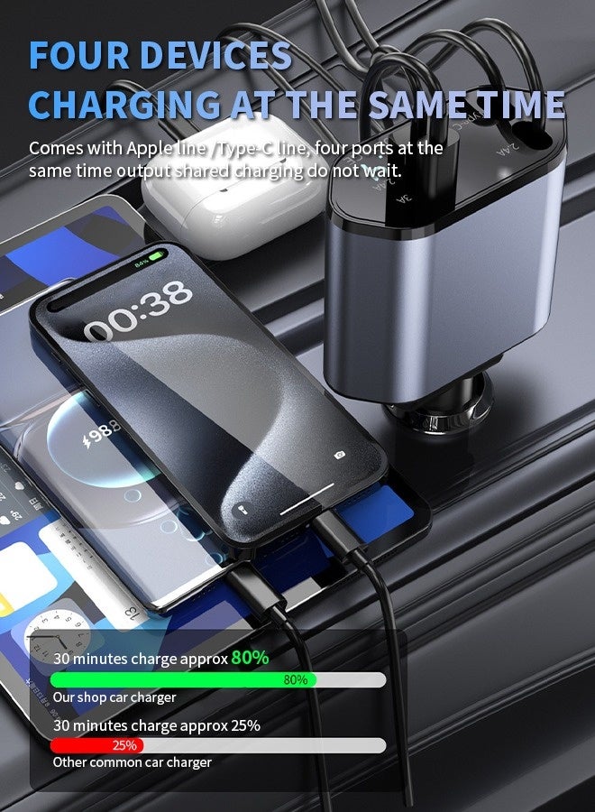 Retractable Car Charger with 120W, 4 in 1 Car Fast Charger for iPhone and Type C, Retractable Cables and 2 Charging Ports, Compatible with Mobile Phones/Earphones/Table - Image 5