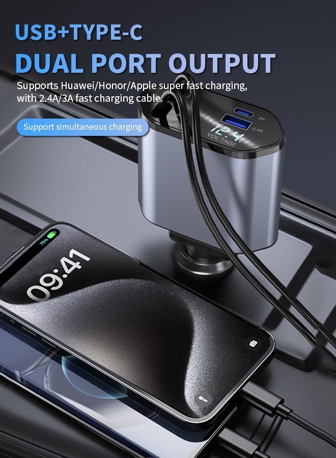 Retractable Car Charger with 120W, 4 in 1 Car Fast Charger for iPhone and Type C, Retractable Cables and 2 Charging Ports, Compatible with Mobile Phones/Earphones/Table - Image 4