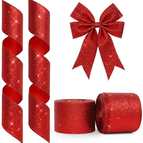 2 Rolls 20 Yards Christmas Glitter Wired Shiny Ribbon for Party Box Wrapping Decor Red