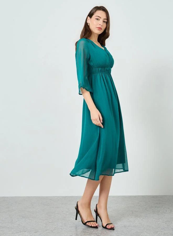 Styli Teal Textured Midi Dress with 3/4 Sleeves