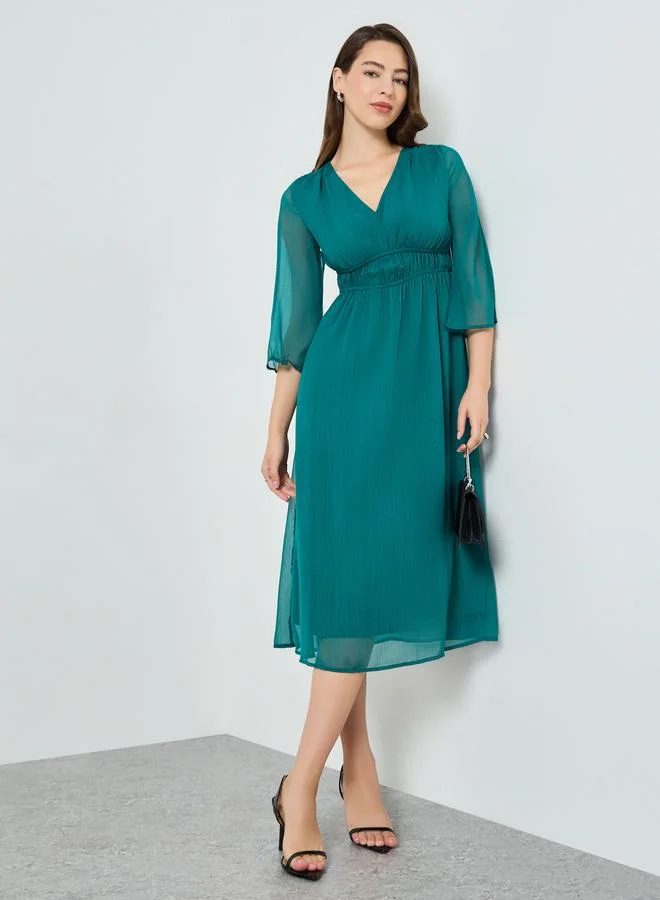 Styli Teal Textured Midi Dress with 3/4 Sleeves