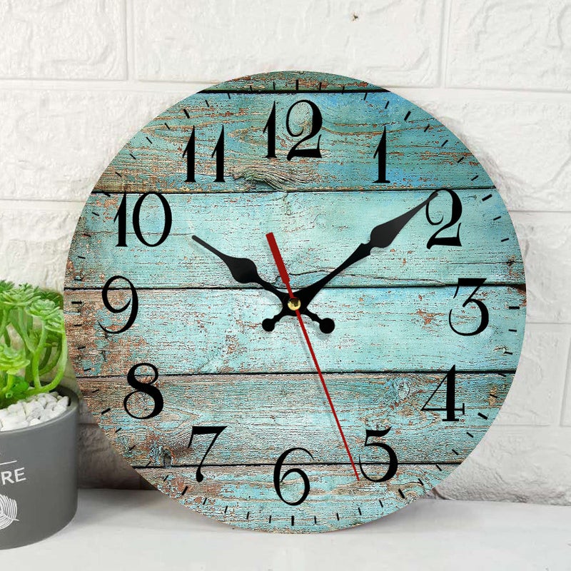 ArtSocket Turquoise Wooden Wall Clock Silent NonTicking Teal Green Blue Wooden Grain Cracked Vintage Round Wall Clocks Decor for Home Kitchen Living Room Office Battery Operated12 Inch
