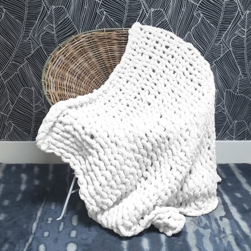 Adyrescia Chunky Knit Blanket Throw | 100% Hand Knit with Jumbo Chenille Yarn (40"x50", Bright White) - Image 2
