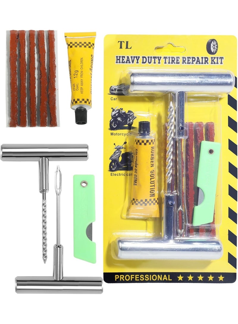 طقم إصلاح إطارات 9 قطع – أدوات إصلاح الإطارات مع مقبض T ومسبار حلزوني ومقاطع مطاطية وسكين ومواد تشحيم – مناسب للسيارات والشاحنات والدراجات النارية والدراجات الرباعية وSUV وRV - Image 1