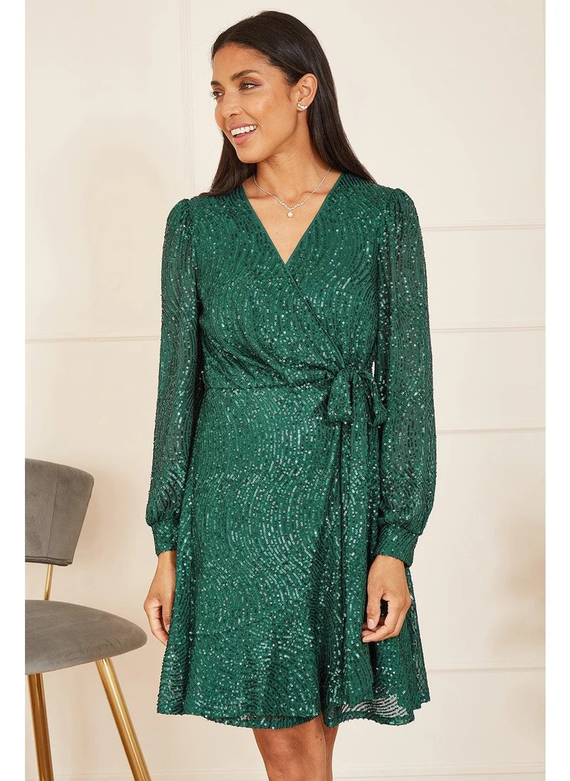 Yumi Sequin Long Sleeve Frill Wrap Dress