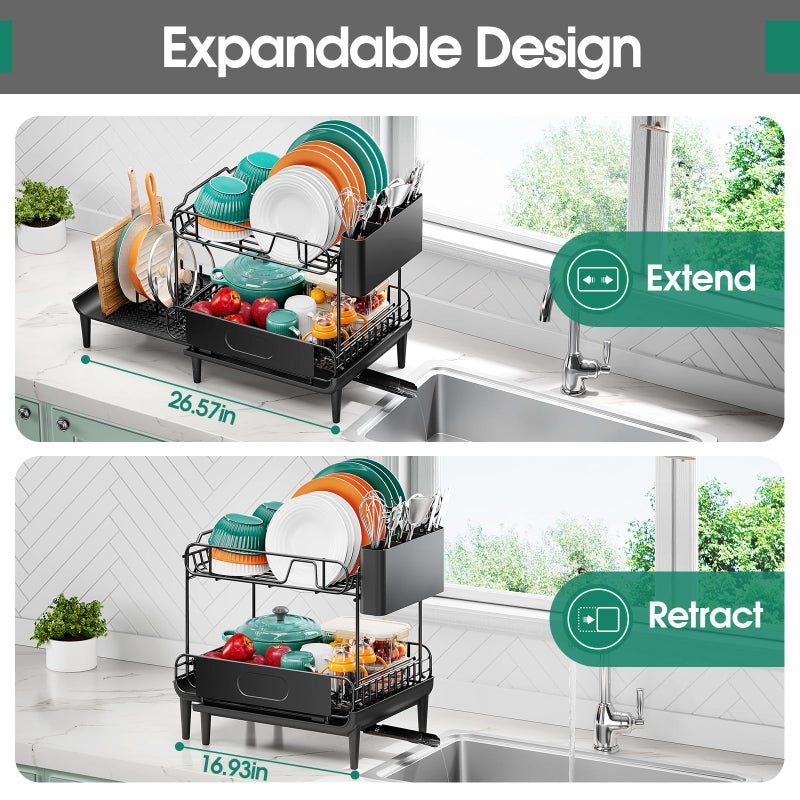 Urackify Dish Drying Rack for Kitchen Counter, Expandable 2 Tier Dish Rack, Large Capacity Dish Drainer with Drainboard Multifunctional Dish Strainer with Removable Cutlery Holder Black - Image 2