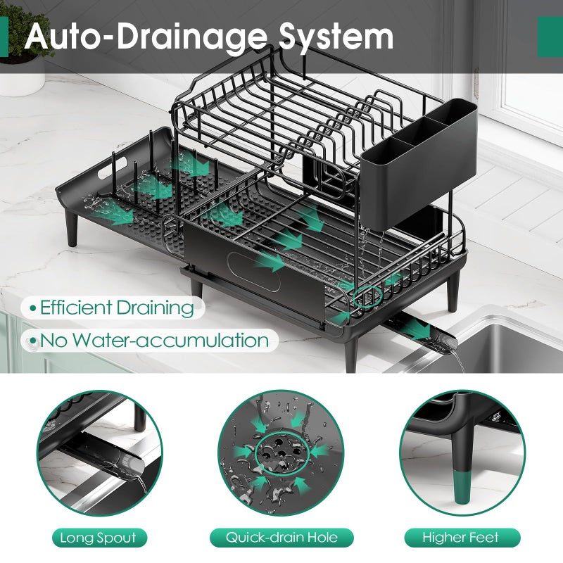 Urackify Dish Drying Rack for Kitchen Counter, Expandable 2 Tier Dish Rack, Large Capacity Dish Drainer with Drainboard Multifunctional Dish Strainer with Removable Cutlery Holder Black - Image 5