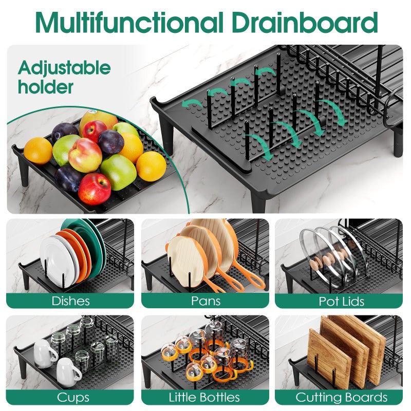 Urackify Dish Drying Rack for Kitchen Counter, Expandable 2 Tier Dish Rack, Large Capacity Dish Drainer with Drainboard Multifunctional Dish Strainer with Removable Cutlery Holder Black - Image 3