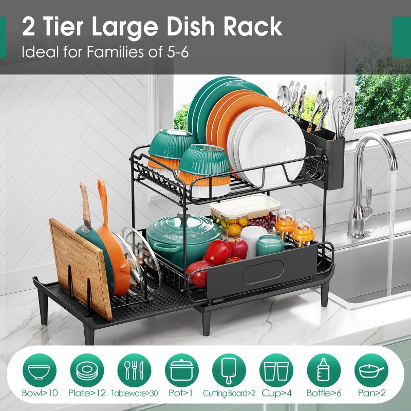 Urackify Dish Drying Rack for Kitchen Counter, Expandable 2 Tier Dish Rack, Large Capacity Dish Drainer with Drainboard Multifunctional Dish Strainer with Removable Cutlery Holder Black - Image 4