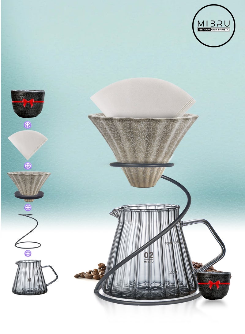 ميبرو مجموعة ميبرو لتحضير القهوة 5 في 1 – دربر سيراميك، إبريق تقديم زجاجي، فلاتر، حامل حلزوني وكوب – طقم تحضير القهوة اليدوي لمحبي القهوة