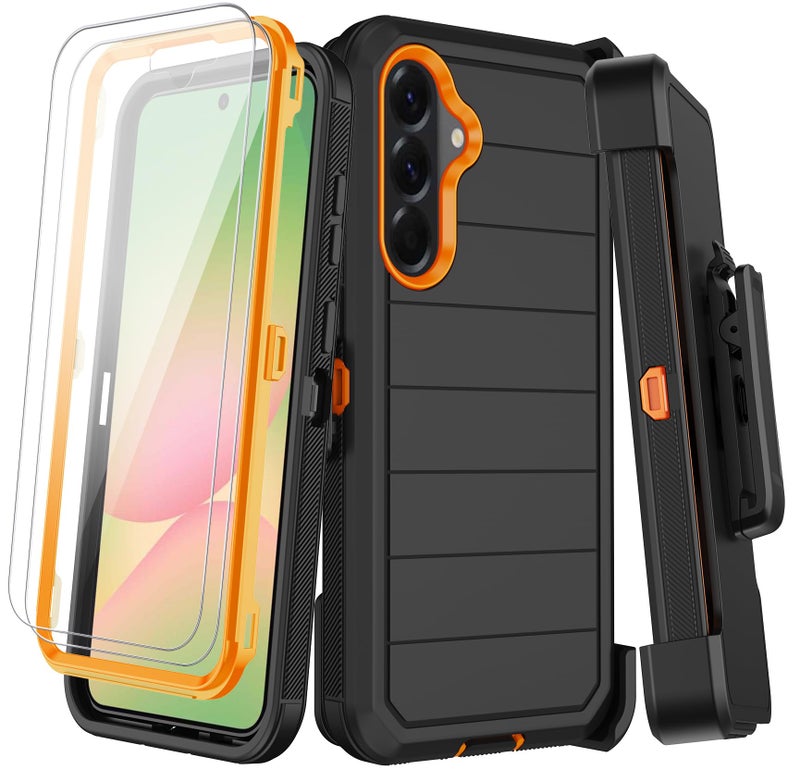 KECAI for Samsung Galaxy A56 5G Case with Belt Clip Holster,2X Screen Protectors & Kickstand,Heavy Duty Shockproof Drop Protection Bumper Military Grade Full Body Rugged Durable Phone Cover (Black Orange) - Image 1