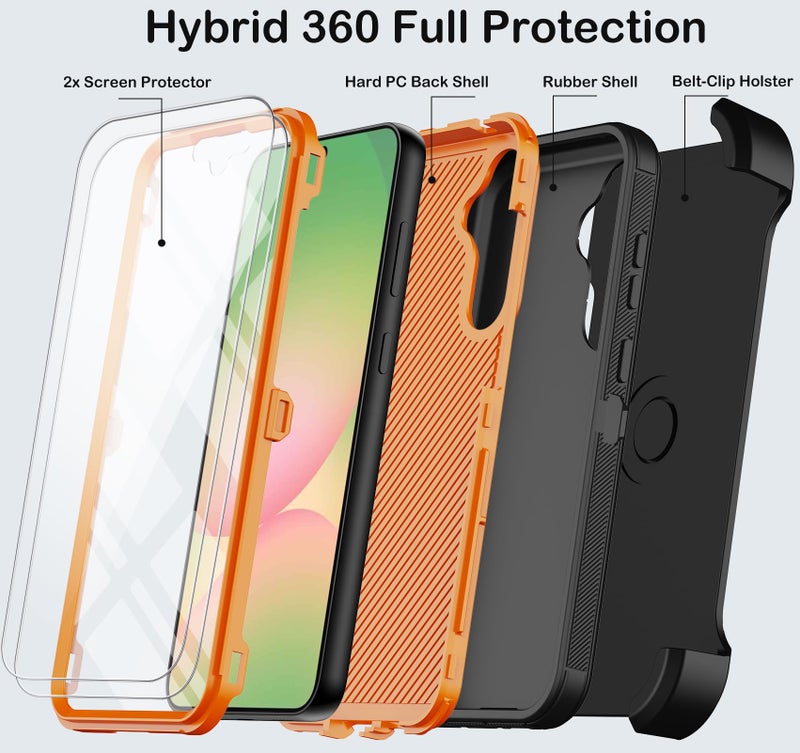 KECAI for Samsung Galaxy A56 5G Case with Belt Clip Holster,2X Screen Protectors & Kickstand,Heavy Duty Shockproof Drop Protection Bumper Military Grade Full Body Rugged Durable Phone Cover (Black Orange) - Image 3