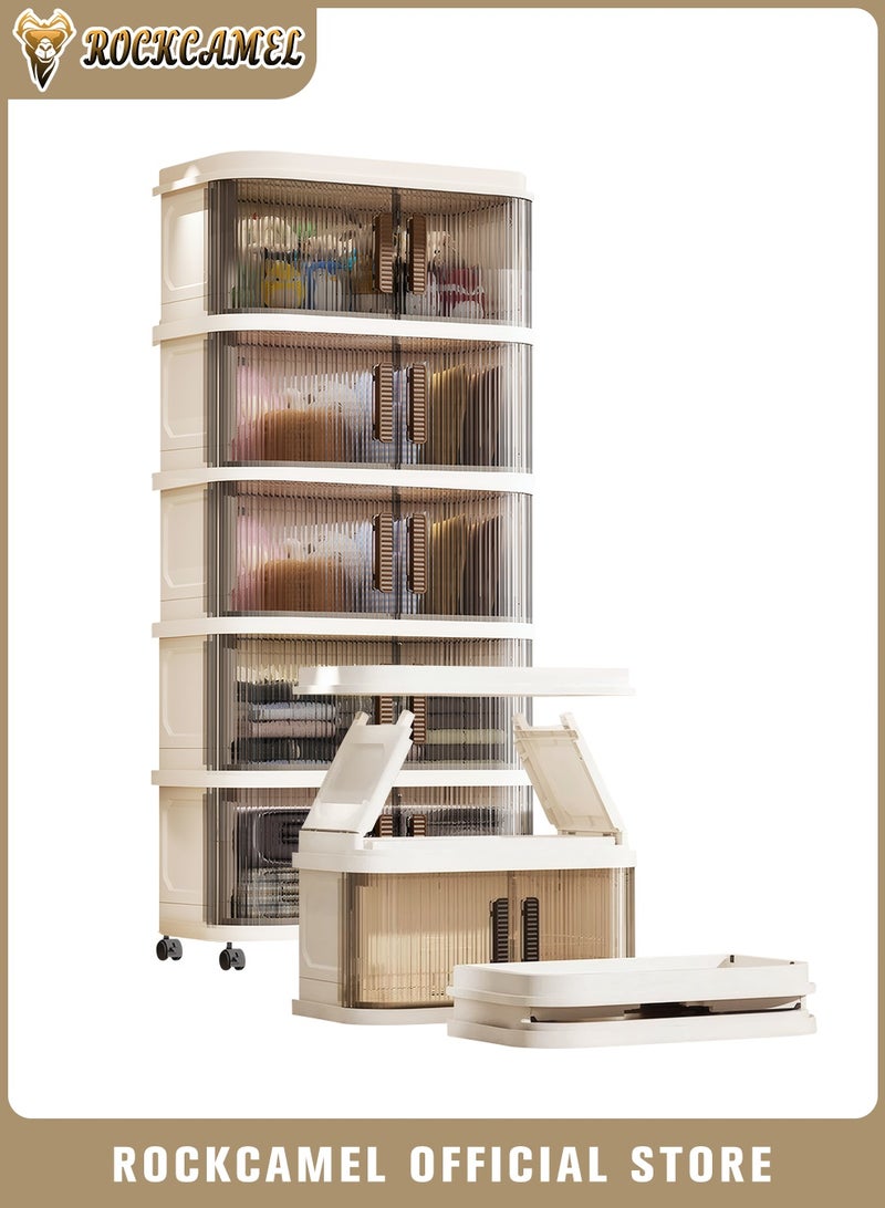 ROCKCAMEL Multifunctional Folding Storage Cabinet, 5 Tier Stackable Plastic Storage Bins with Universal Wheels and Dual Opening Clear Doors, Toy Storage Box, Snacks Locker, Bookcase for Home Office (48*29*112cm) - Image 1