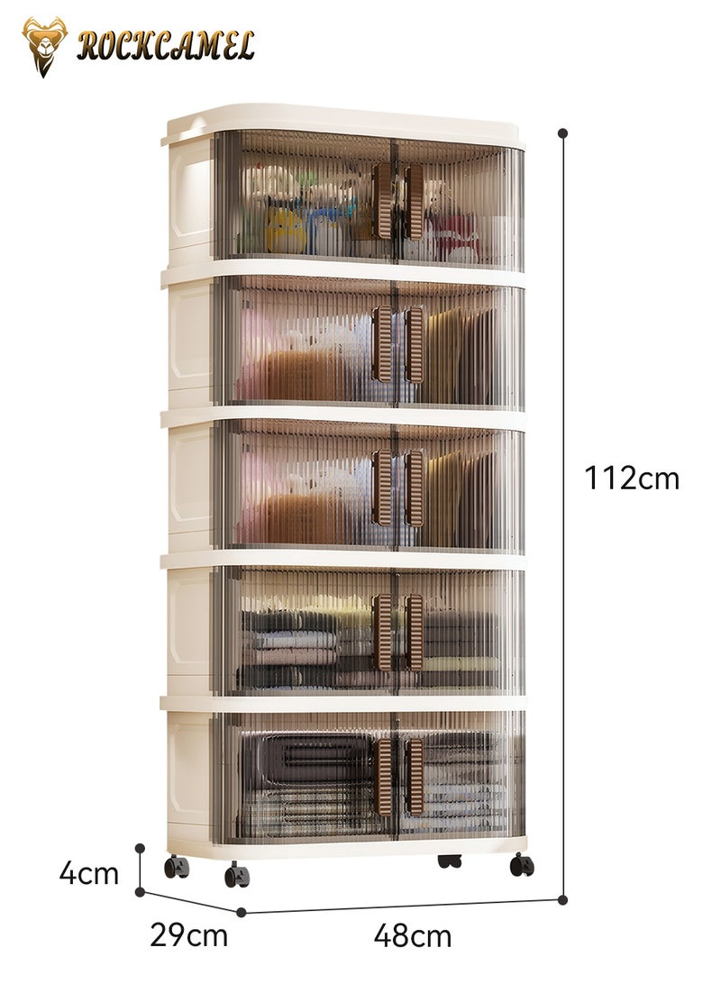 ROCKCAMEL Multifunctional Folding Storage Cabinet, 5 Tier Stackable Plastic Storage Bins with Universal Wheels and Dual Opening Clear Doors, Toy Storage Box, Snacks Locker, Bookcase for Home Office (48*29*112cm) - Image 4