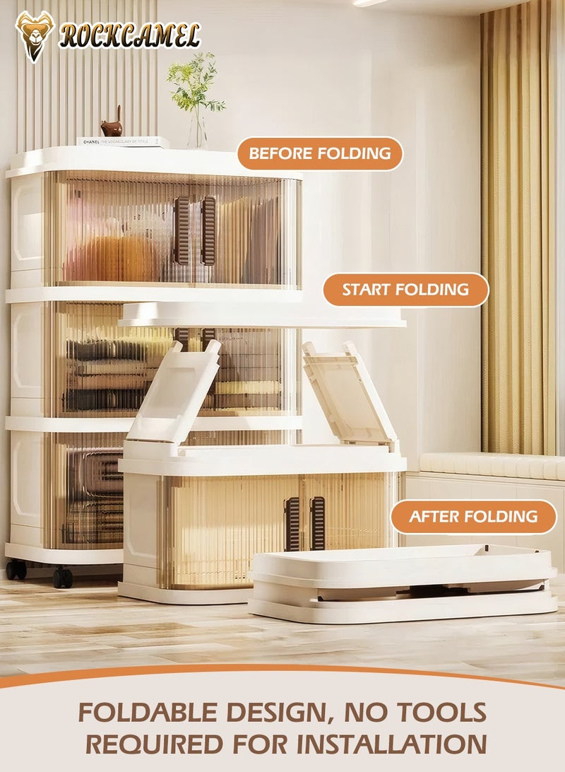 ROCKCAMEL Multifunctional Folding Storage Cabinet, 5 Tier Stackable Plastic Storage Bins with Universal Wheels and Dual Opening Clear Doors, Toy Storage Box, Snacks Locker, Bookcase for Home Office (48*29*112cm) - Image 2