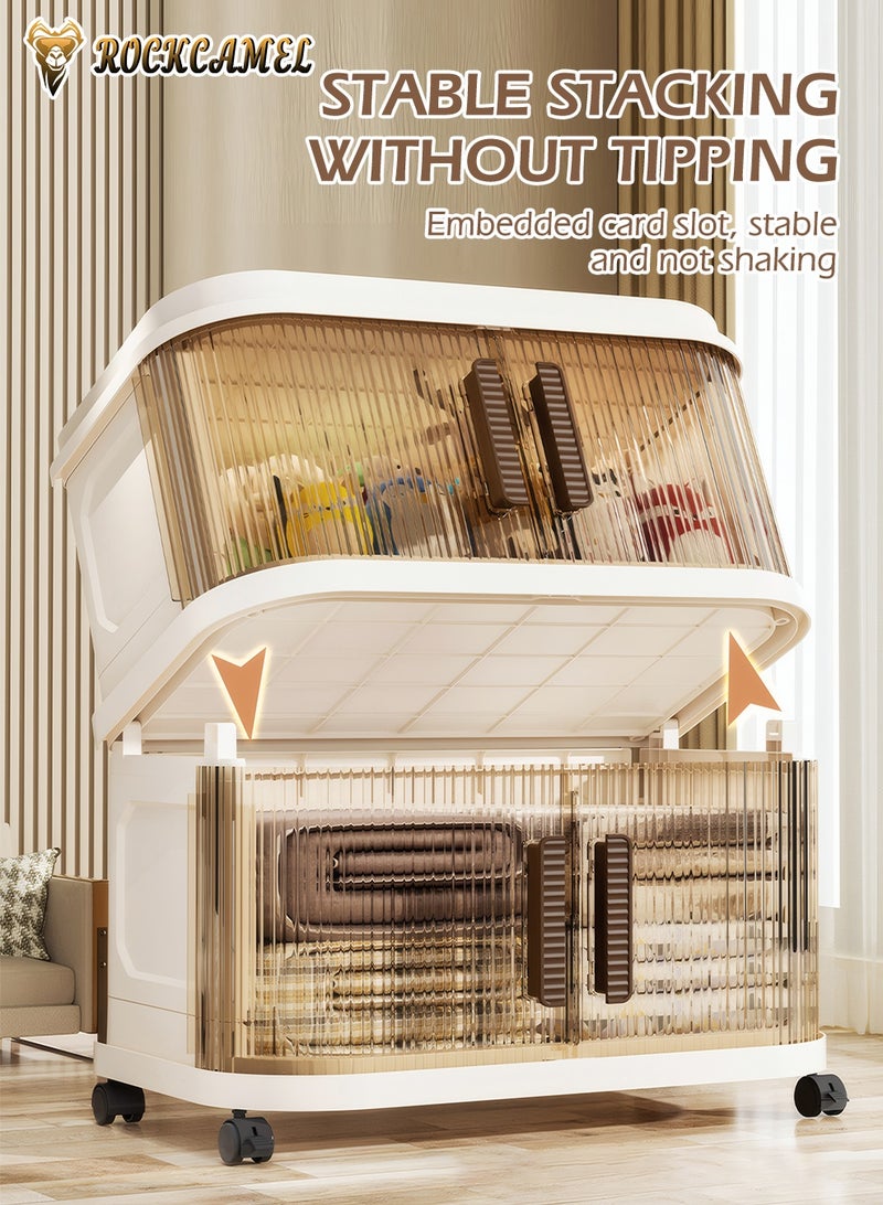 ROCKCAMEL Multifunctional Folding Storage Cabinet, 5 Tier Stackable Plastic Storage Bins with Universal Wheels and Dual Opening Clear Doors, Toy Storage Box, Snacks Locker, Bookcase for Home Office (48*29*112cm) - Image 3