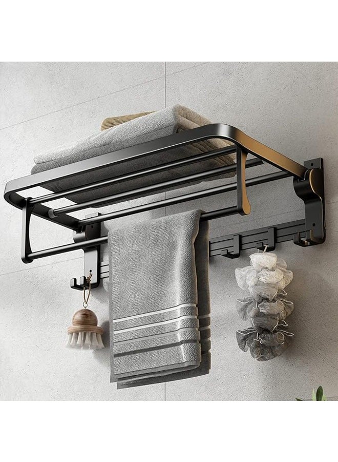 Arabest 24-Inch Foldable Towel Rack with Towel Bar and Movable Hooks - Rustproof Wall-Mounted Bathroom Storage Shelf, Matte Black  - Image 1