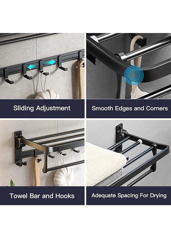 Arabest 24-Inch Foldable Towel Rack with Towel Bar and Movable Hooks - Rustproof Wall-Mounted Bathroom Storage Shelf, Matte Black  - Image 4