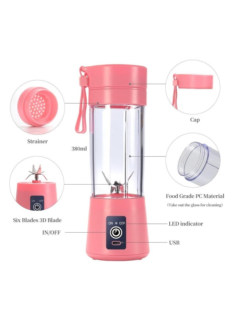 Portable Blender Cup,Electric USB Juicer Blender,Mini Blender Portable Blender For Shakes and Smoothies, Juice,380ml, Six Blades Great for Mixing
