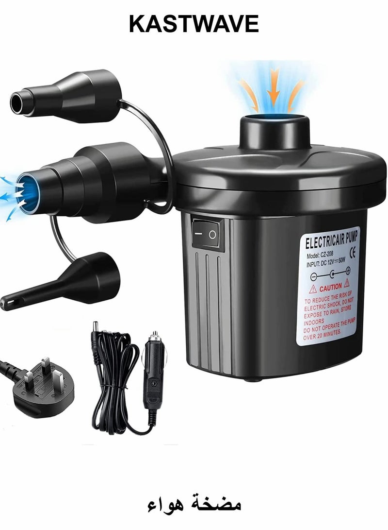KASTWAVE Electric Air Pump, Portable Quick-Fill Air Pump with 3 Nozzles,Car 240V/12V DC,Inflator/Deflator Air Mattress Pumps - Image 1