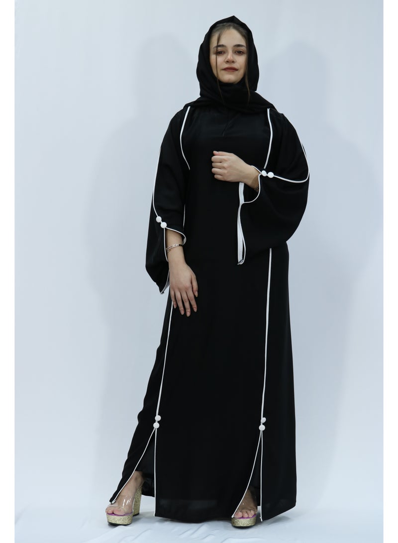 Black silk abaya with white stripes 