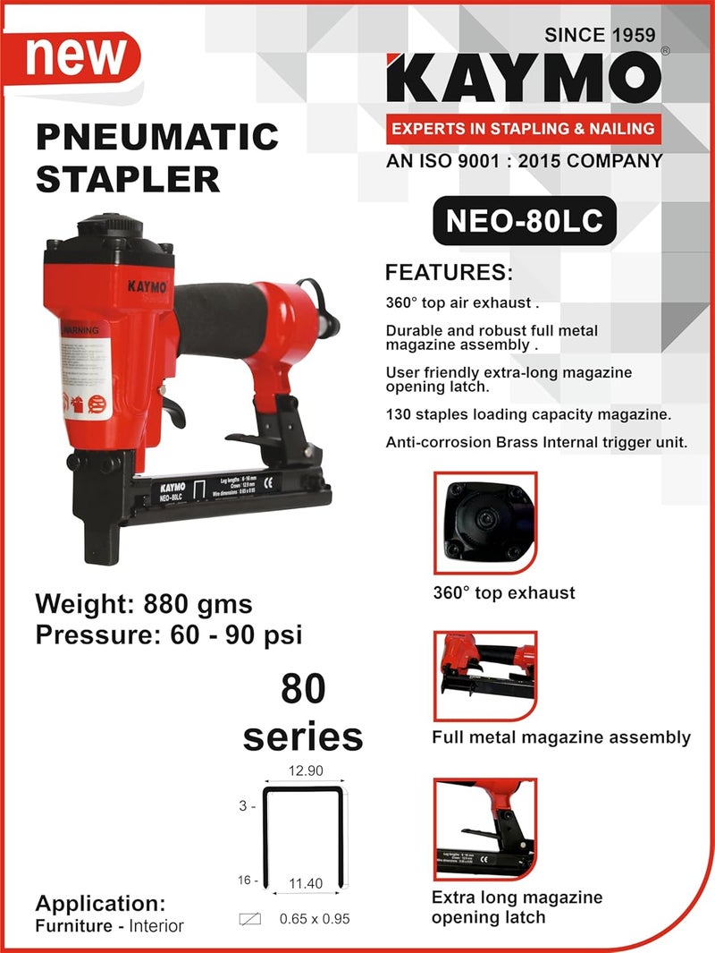 KAYMO NEO-80LC Pneumatic Stapler with 80 Series 8008 Heavy Duty Staple Pins (10000 Pieces) | 880g Lightweight | 60–90 PSI | 360° Top Air Exhaust | Metal Magazine Assembly | Long Magazine Latch - Image 3