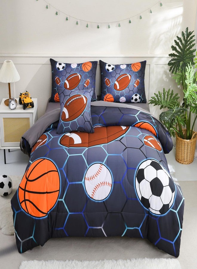 Tasselily 6 Pcs Bed in A Bag Twin Size Comforter Sets for Boys,Sports Bedding Sets,Baseball Soccer Basketball Football Comforter Sets with Sheets for Kids Teens - Image 1
