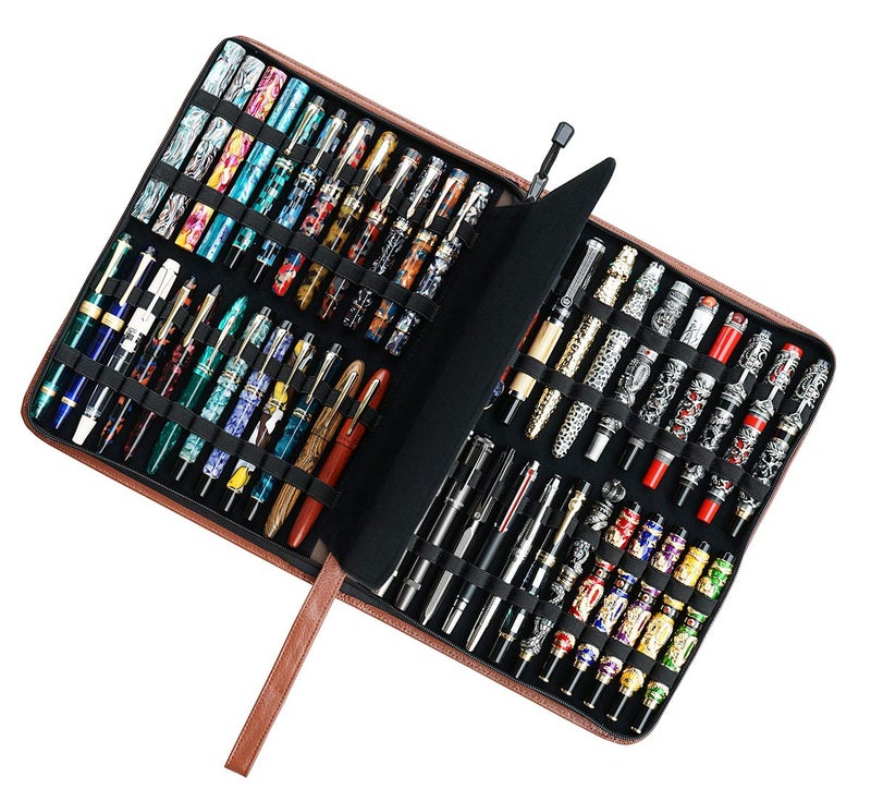 erofa Real Leather Pen Case for Fountain Pen/Rollerball Pen, Genuine Cowhide Holder Pouch Bag for 46 Pens, Fit in Various Size Large Capacity Office Business Gift - Brown - Image 1