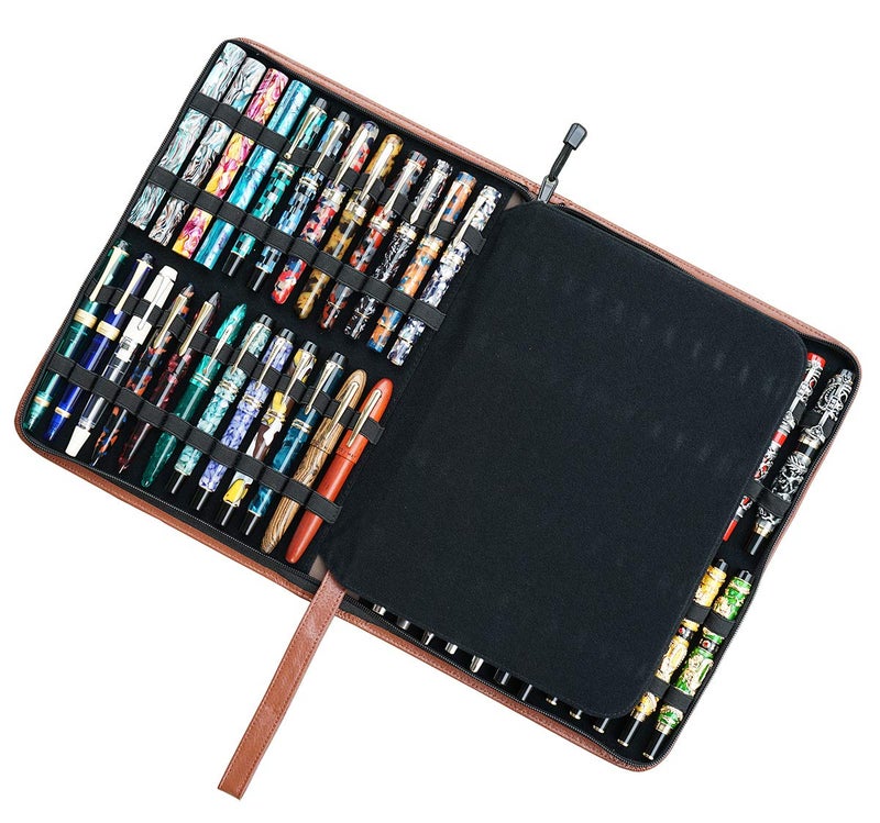 erofa Real Leather Pen Case for Fountain Pen/Rollerball Pen, Genuine Cowhide Holder Pouch Bag for 46 Pens, Fit in Various Size Large Capacity Office Business Gift - Brown - Image 3