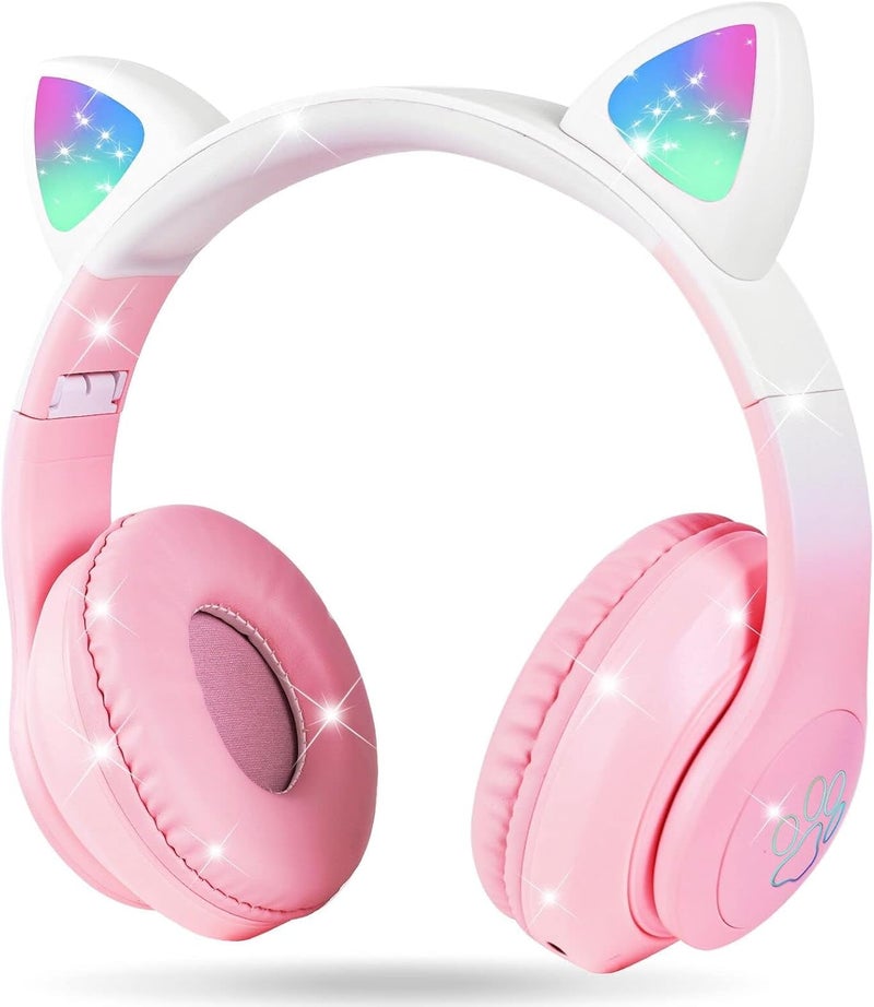 سماعات الأذن القط ، سماعات الأذن القابلة للطي LED الضوء للأطفال اللاسلكية مع الميكروفون والضوء LED للأطفال ، متوافقة مع الهواتف المحمولة الكمبيوتر اللوحي (الوردي) - Image 1