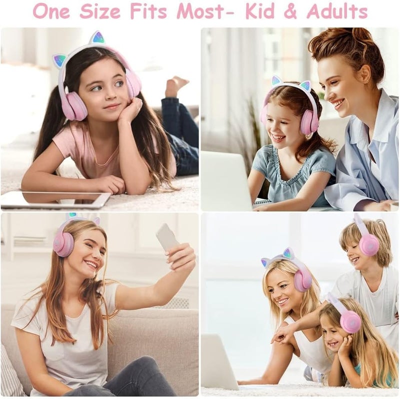 سماعات الأذن القط ، سماعات الأذن القابلة للطي LED الضوء للأطفال اللاسلكية مع الميكروفون والضوء LED للأطفال ، متوافقة مع الهواتف المحمولة الكمبيوتر اللوحي (الوردي) - Image 4