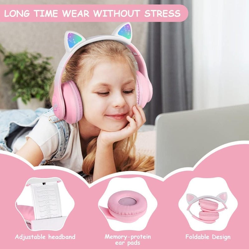 سماعات الأذن القط ، سماعات الأذن القابلة للطي LED الضوء للأطفال اللاسلكية مع الميكروفون والضوء LED للأطفال ، متوافقة مع الهواتف المحمولة الكمبيوتر اللوحي (الوردي) - Image 2