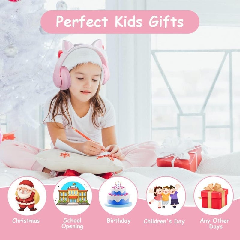 سماعات الأذن القط ، سماعات الأذن القابلة للطي LED الضوء للأطفال اللاسلكية مع الميكروفون والضوء LED للأطفال ، متوافقة مع الهواتف المحمولة الكمبيوتر اللوحي (الوردي) - Image 3