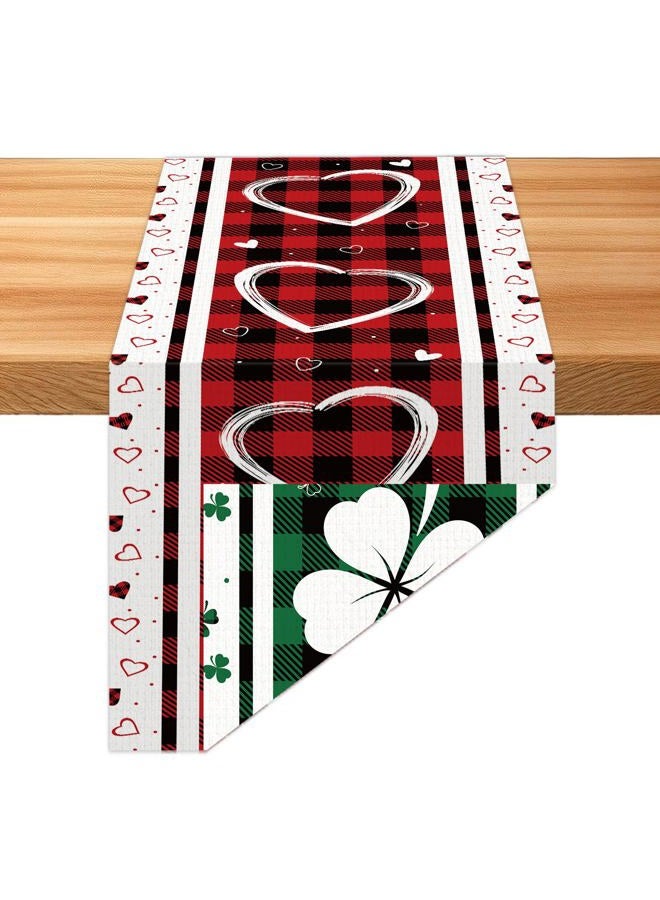 QOUBAI St. Patrick's Day Linen Table Runner Valentine's Day Table Runner Buffalo Plaid Love Hearts Shamrock Tables Decoration for Dinning Kitchen Home Party Decoration Supplies (13 x 72Inch) - Image 1
